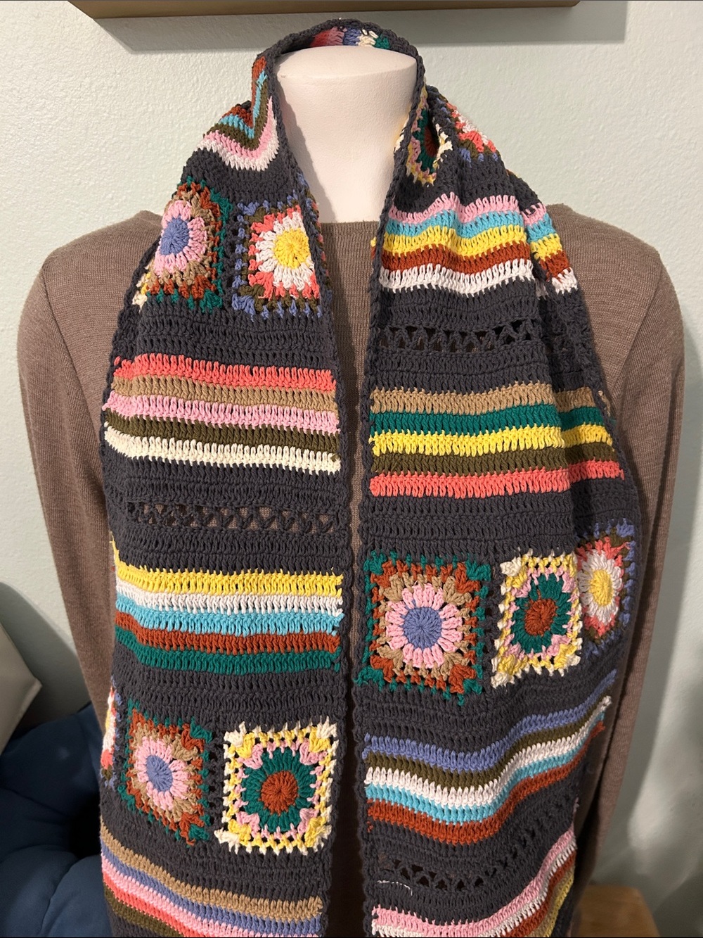 Crochet Scarf - Dark Gray Base with colorful granny squares stripes and fringe